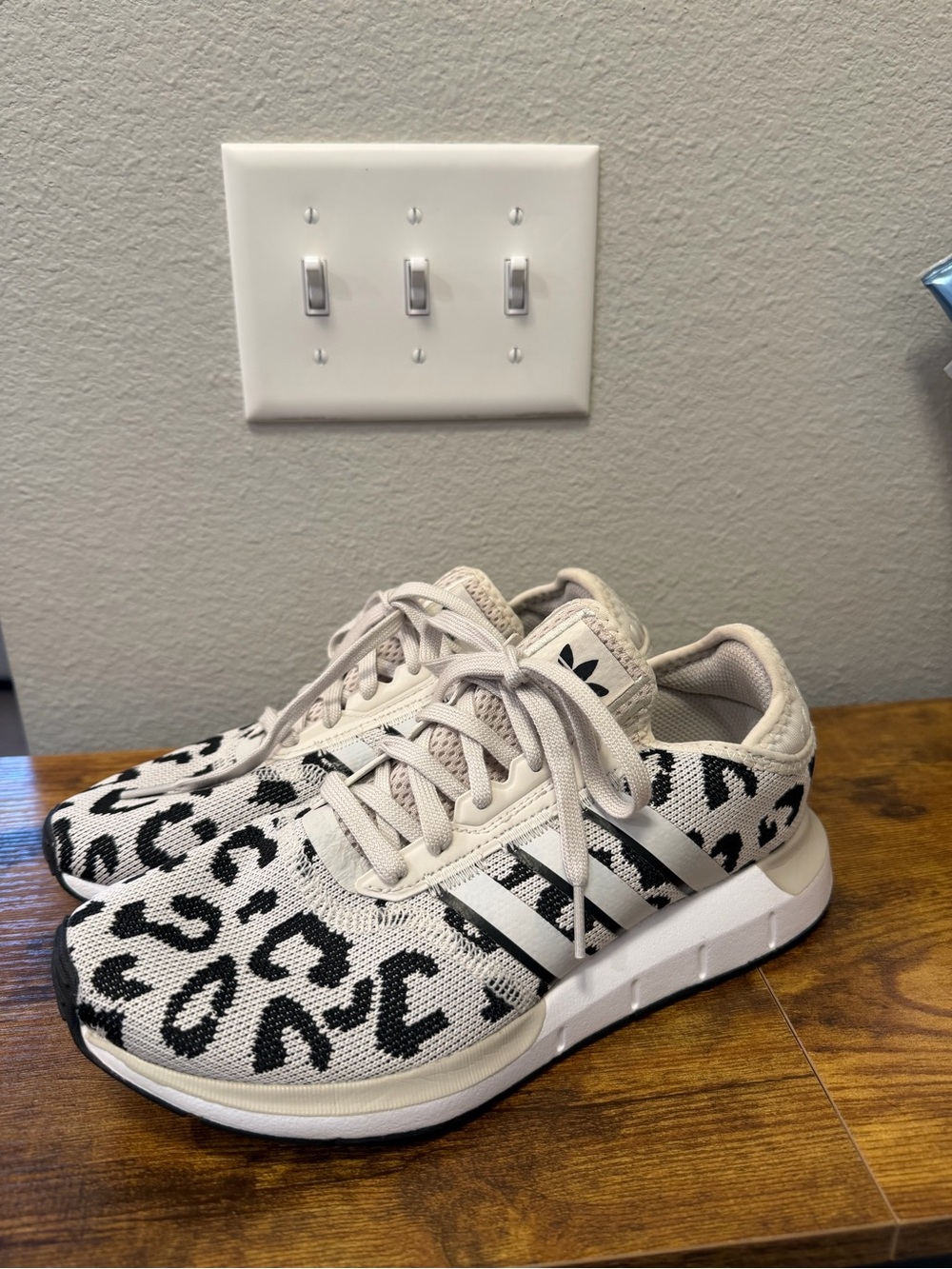 adidas White & Black Leopard Print Women's Knit Sneakers